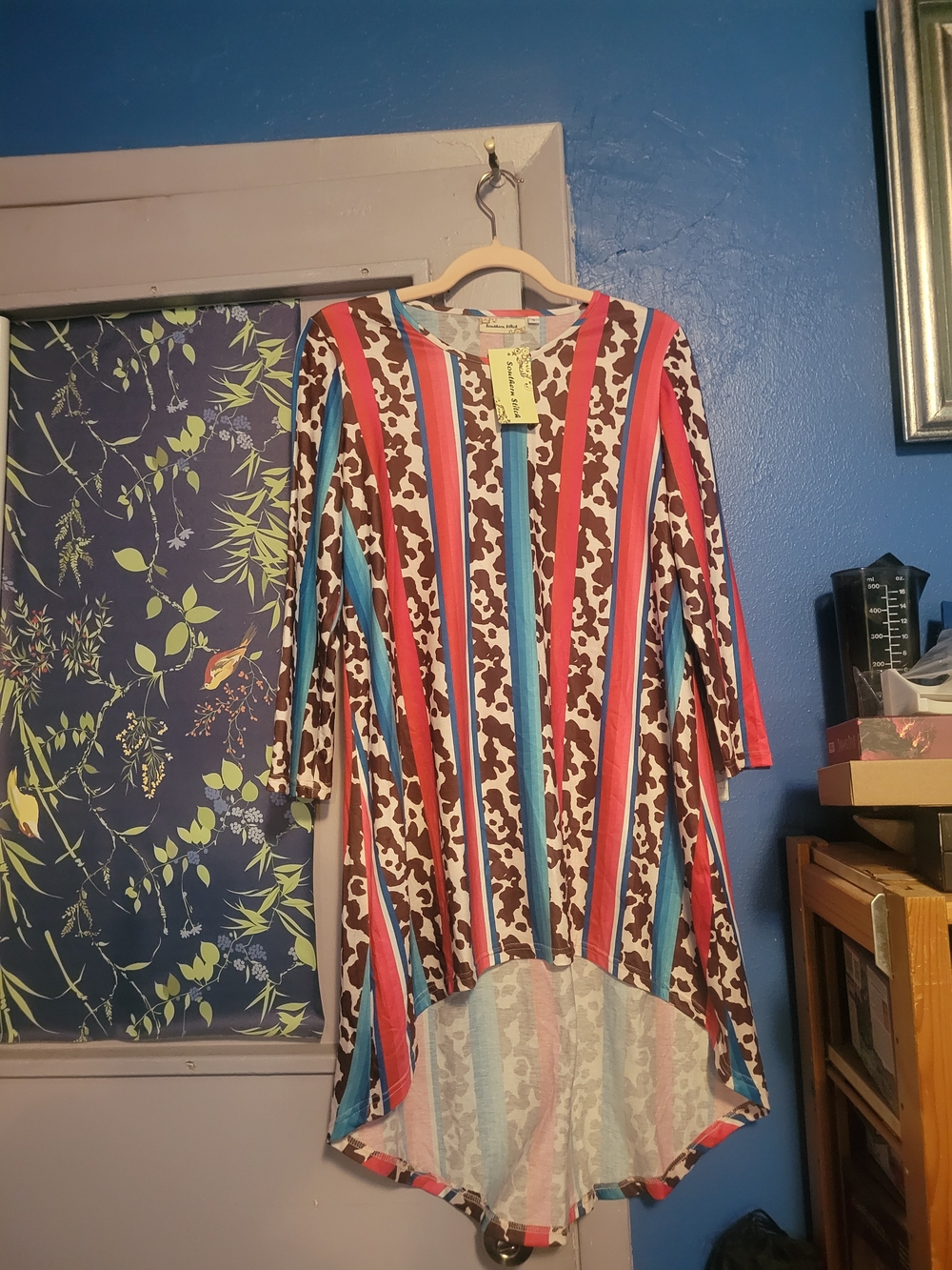 Striped & Cow Print High-Low Tunic in Red, Blue, Brown